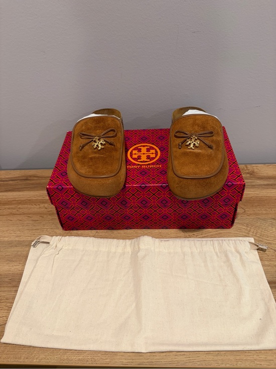 Tory Burch Shoes - Tory Burch Suede Loafers in Cognac with Gold Logo